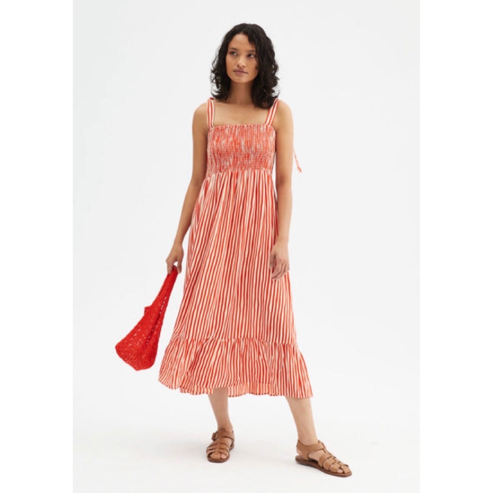 Compania‎ Fantastica Orange White Striped Smocked Midi Dress Tie Strap Medium